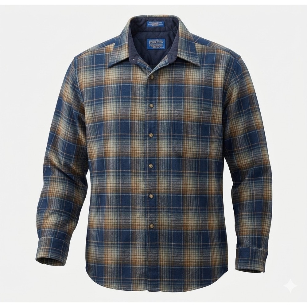 Pendleton‎ Blue & Brown Virgin Wool Plaid Button Up Flannel Shirt. Size XL